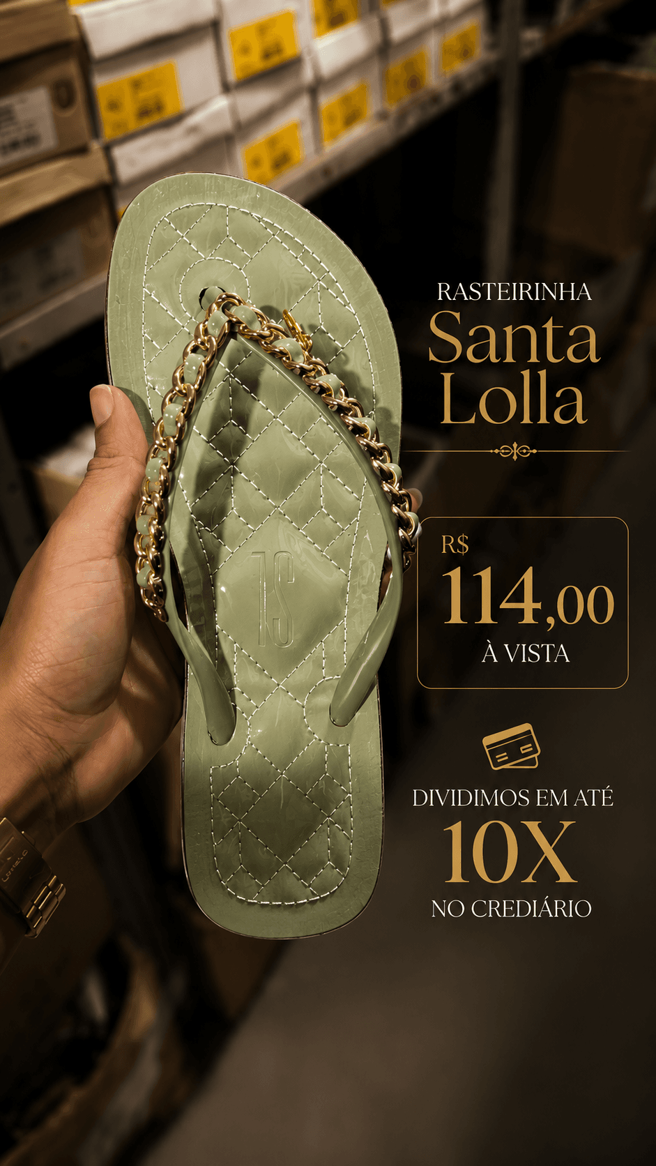 Rasteirinha Santa Lolla verde sage com corrente dourada