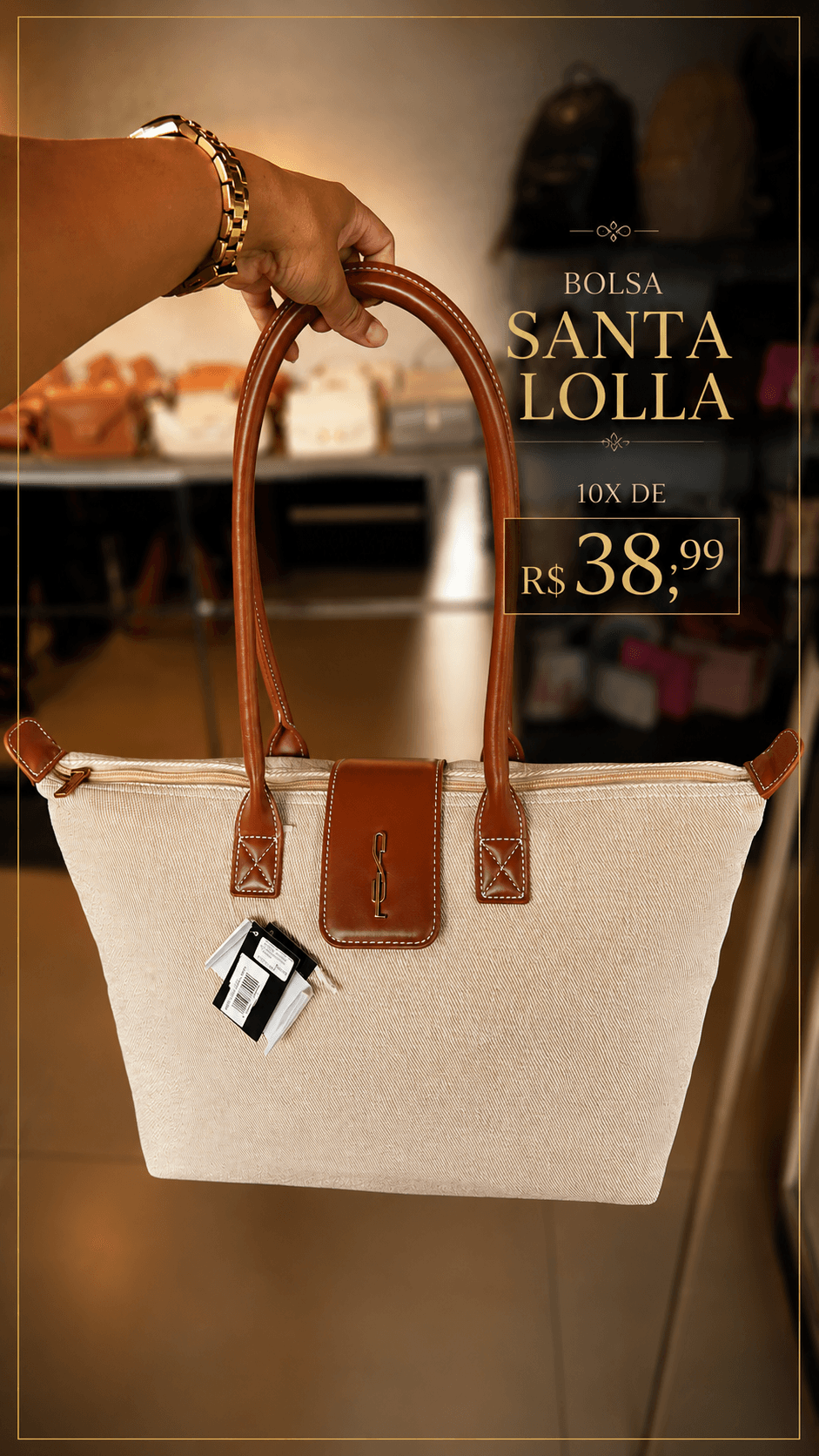 Bolsa Santa Lolla bege lona com alças caramelo