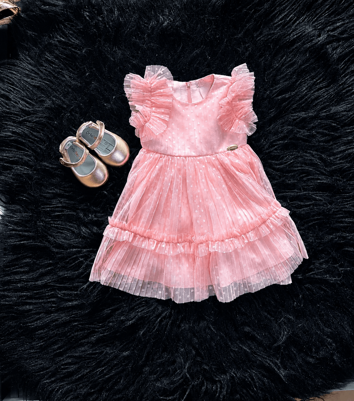 Vestido Rosa Tule e Sapatinho Dourado Infantil — Boutique Eva Milhomem